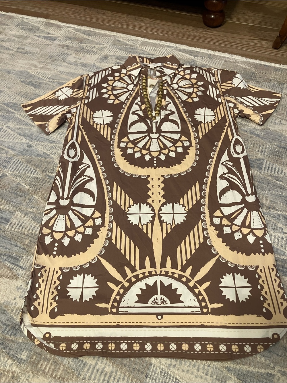 Rhodes Batik Printed Mini Dress with Short Sleeves, Chai
